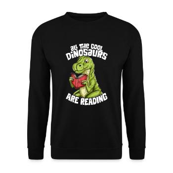 Dinosaurier T-Rex Buch Bücher lesen Dino Geschenk - Unisex Pullover - Schwarz - Vorne - Alina (178cm) & Michal (187cm)