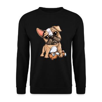 Hund Treudoof Blickender Mops hält Kuscheltier - Unisex Pullover - Schwarz - Vorne - Alina (178cm) & Michal (187cm)