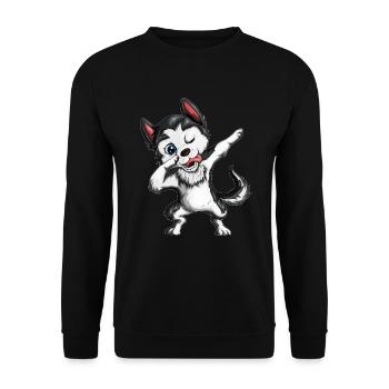 Husky Dabbing Hunde Kinder Tanzmotiv Schlittenhund - Unisex Pullover - Schwarz - Vorne - Alina (178cm) & Michal (187cm)