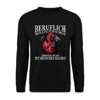 Grim Reaper Totengräber Beruflich was mit Meschen - Unisex Pullover - Schwarz - Vorne - Alina (178cm) & Michal (187cm)