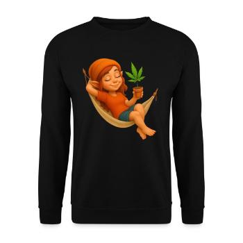 Zwergin in Hängematte mit Cannabispflanze - Unisex Pullover - Schwarz - Vorne - Alina (178cm) & Michal (187cm)