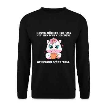 heute möchte ich etwas mit menschen machen Einhorn - Unisex Pullover - Schwarz - Vorne - Alina (178cm) & Michal (187cm)