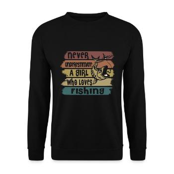 Unterschätze nie ein Mädchen, dass Fischen liebt - Unisex Pullover - Schwarz - Vorne - Alina (178cm) & Michal (187cm)
