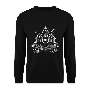 Gruseliges Geisterhaus – Halloween Design - Unisex Pullover - Schwarz - Vorne - Alina (178cm) & Michal (187cm)