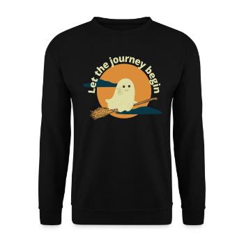 Lass die Halloween-Reise | beginnen Geist auf Besen - Unisex Pullover - Schwarz - Vorne - Alina (178cm) & Michal (187cm)