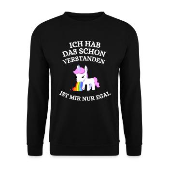 Lustiger Einhorn Spruch Ist Mir Nur Egal - Unisex Pullover - Schwarz - Vorne - Alina (178cm) & Michal (187cm)