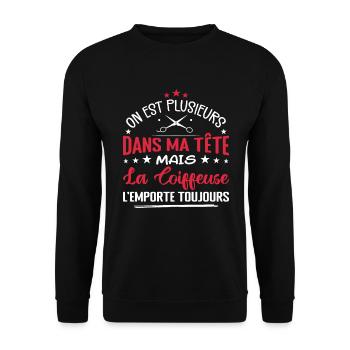 Coiffeuse Humour Plusieurs Dans Ma Tête Droles - Sweat-shirt Unisexe - noir - Devant - Alina (178cm) & Michal (187cm)