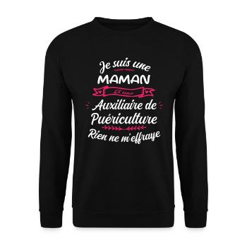 Maman et une Auxiliaire Puériculture Humour - Sweat-shirt Unisexe - noir - Devant - Alina (178cm) & Michal (187cm)