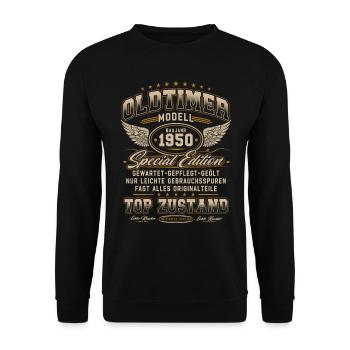 Oldtimer Baujahr 1950 Jahrgang Geburtstag Geschenk - Unisex Pullover - Schwarz - Vorne - Alina (178cm) & Michal (187cm)