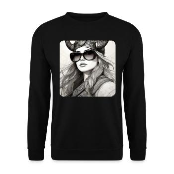 Moderne Stolze Wikingerin mit Sonnenbrille - Unisex Pullover - Schwarz - Vorne - Alina (178cm) & Michal (187cm)