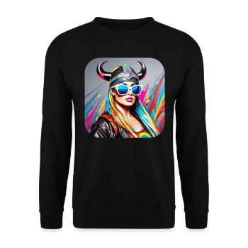 Moderne Stolze Wikingerin mit Sonnenbrille - Unisex Pullover - Schwarz - Vorne - Alina (178cm) & Michal (187cm)