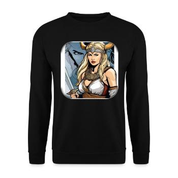 Stolze Wikingerin Germanin im Comic Style - Unisex Pullover - Schwarz - Vorne - Alina (178cm) & Michal (187cm)