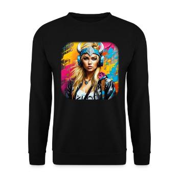 Moderne Wikingerin mit Kopfhörer - Unisex Pullover - Schwarz - Vorne - Alina (178cm) & Michal (187cm)