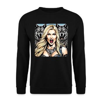 Wikinger Schildmaid mit Wölfe - Unisex Pullover - Schwarz - Vorne - Alina (178cm) & Michal (187cm)