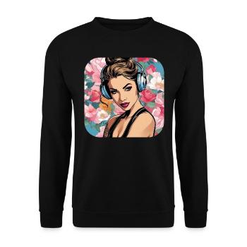 Fille cool avec des écouteurs et des fleurs - Sweat-shirt Unisexe - noir - Devant - Alina (178cm) & Michal (187cm)