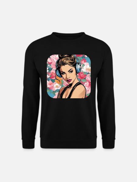 Cooles Girl mit Kopfhörer und Blumen - Unisex Pullover - Schwarz