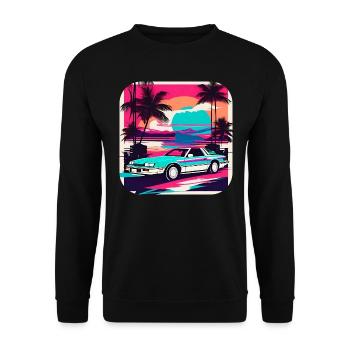 Cooles Auto mit Palmen im Sonnenuntergang III - Unisex Pullover - Schwarz - Vorne - Alina (178cm) & Michal (187cm)