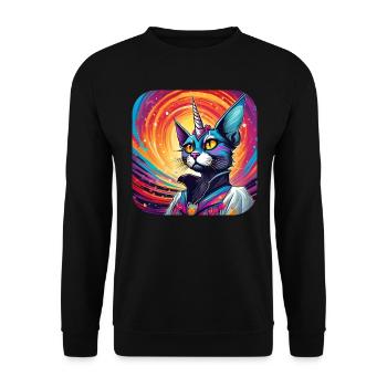 Psychedelisches Motiv Einhorn Katze - Unisex Pullover - Schwarz - Vorne - Alina (178cm) & Michal (187cm)