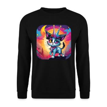 Niedliche Zweihorn Katze - Unisex Pullover - Schwarz - Vorne - Alina (178cm) & Michal (187cm)