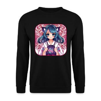 Niedliches Anime Girl - Unisex Pullover - Schwarz - Vorne - Alina (178cm) & Michal (187cm)
