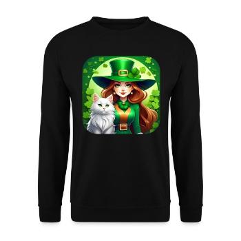 Leprechaun de la Saint-Patrick avec chat - Sweat-shirt Unisexe - noir - Devant - Alina (178cm) & Michal (187cm)