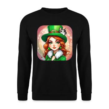 Leprechaun de la Saint-Patrick avec chat - Sweat-shirt Unisexe - noir - Devant - Alina (178cm) & Michal (187cm)
