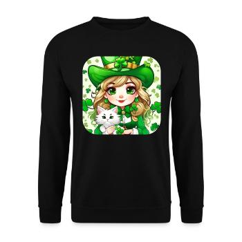 Leprechaun de la Saint-Patrick avec chat - Sweat-shirt Unisexe - noir - Devant - Alina (178cm) & Michal (187cm)