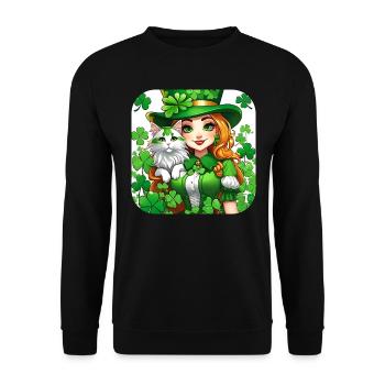 Leprechaun de la Saint-Patrick avec chat - Sweat-shirt Unisexe - noir - Devant - Alina (178cm) & Michal (187cm)
