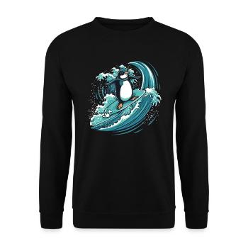 Pinguin surft auf Welle - Unisex Pullover - Schwarz - Vorne - Alina (178cm) & Michal (187cm)