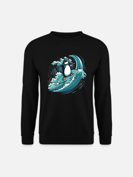 Pinguin surft auf Welle - Unisex Pullover - Schwarz