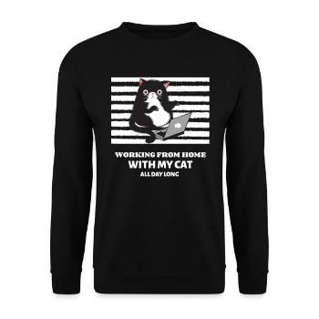 Lustige Katze im Home Office mit Laptop - Unisex Pullover - Schwarz - Vorne - Alina (178cm) & Michal (187cm)