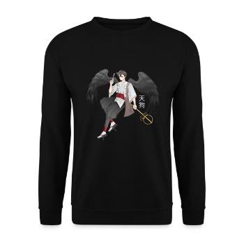 Japanischer Tengu Engel im Anime Design - Unisex Pullover - Schwarz - Vorne - Alina (178cm) & Michal (187cm)