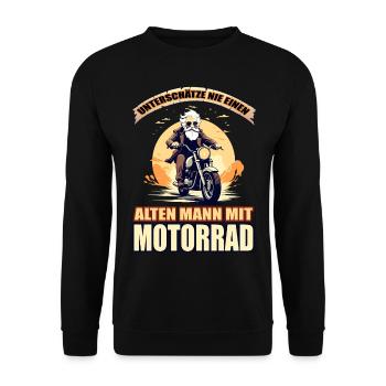 Unterschätze nie einen alten Mann mit Motorrad - Unisex Pullover - Schwarz - Vorne - Alina (178cm) & Michal (187cm)