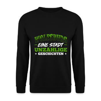 Wolfsburg Eine Stadt Unzählige Geschichten Heimatv - Unisex Pullover - Schwarz - Vorne - Alina (178cm) & Michal (187cm)