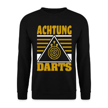 Achtung Darts Motiv mit Dartboard und Dartpfeilen - Unisex Pullover - Schwarz - Vorne - Alina (178cm) & Michal (187cm)