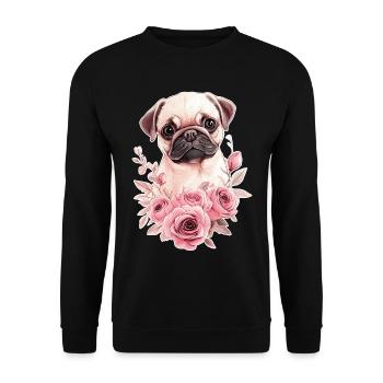 Mops mit Blumen - Unisex Pullover - Schwarz - Vorne - Alina (178cm) & Michal (187cm)