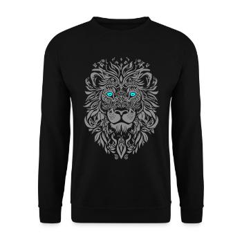 Silberne Löwe mit blauen Augen und Blattmuster - Unisex Pullover - Schwarz - Vorne - Alina (178cm) & Michal (187cm)