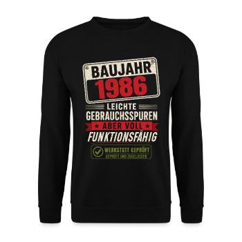 Baujahr 1986 Leichte Gebrauchsspuren Humor - Unisex Pullover - Schwarz - Vorne - Alina (178cm) & Michal (187cm)
