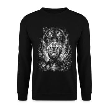 Starker Tiger in Natur im Zeichenstil - Unisex Pullover - Schwarz - Vorne - Alina (178cm) & Michal (187cm)