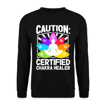 Vorsicht - Chakra-Profi - Unisex Pullover - Schwarz - Vorne - Alina (178cm) & Michal (187cm)