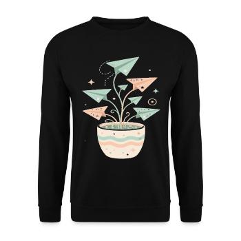 Pastellpapierflug im Blumentopf - Unisex Pullover - Schwarz - Vorne - Alina (178cm) & Michal (187cm)
