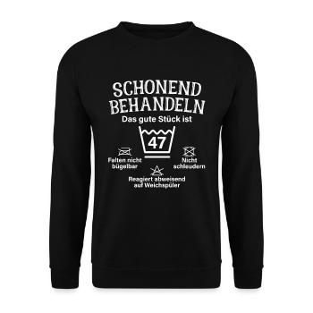 Schonend Behandeln 47 Geschenk Zum 47. Geburtstag - Unisex Pullover - Schwarz - Vorne - Alina (178cm) & Michal (187cm)
