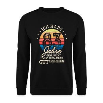 83. Geburtstag Geschenk Habe 83 Jahre Gebraucht - Unisex Pullover - Schwarz - Vorne - Alina (178cm) & Michal (187cm)