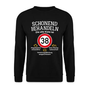 38. Geburtstag Schonend Behandeln 38 Alte Kiste 38 - Unisex Pullover - Schwarz - Vorne - Alina (178cm) & Michal (187cm)