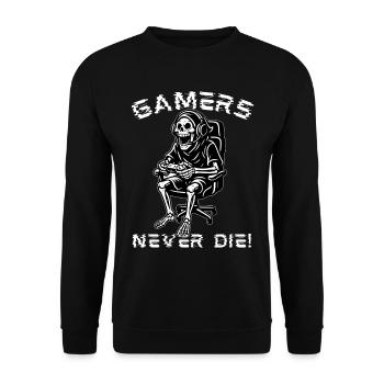 Gamers Never Die – Zocker Skelett Design - Unisex Pullover - Schwarz - Vorne - Alina (178cm) & Michal (187cm)