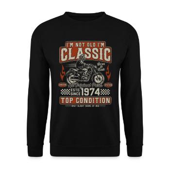 Klassiker 1974 Jahrgang Vintage Retro Motorrad - Unisex Pullover - Schwarz - Vorne - Alina (178cm) & Michal (187cm)