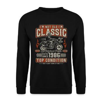 Klassiker 1986 Jahrgang Vintage Retro Motorrad - Unisex Pullover - Schwarz - Vorne - Alina (178cm) & Michal (187cm)