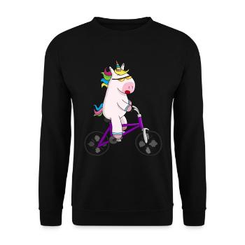 Einhorn auf Fahrrad lila Sonnenbrille - Unisex Pullover - Schwarz - Vorne - Alina (178cm) & Michal (187cm)