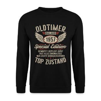 Oldtimer Baujahr 1957 Jahrgang Geburtstag Geschenk - Unisex Pullover - Schwarz - Vorne - Alina (178cm) & Michal (187cm)