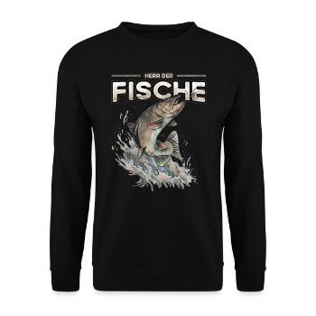 Herr der Fische - Angeln und Fischen - Unisex Pullover - Schwarz - Vorne - Alina (178cm) & Michal (187cm)